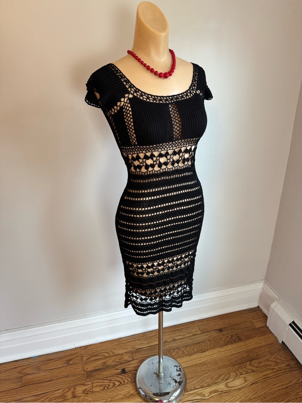 ABS Allen Schwartz Black Crochet Midi Bodycon Dress XS -  Small